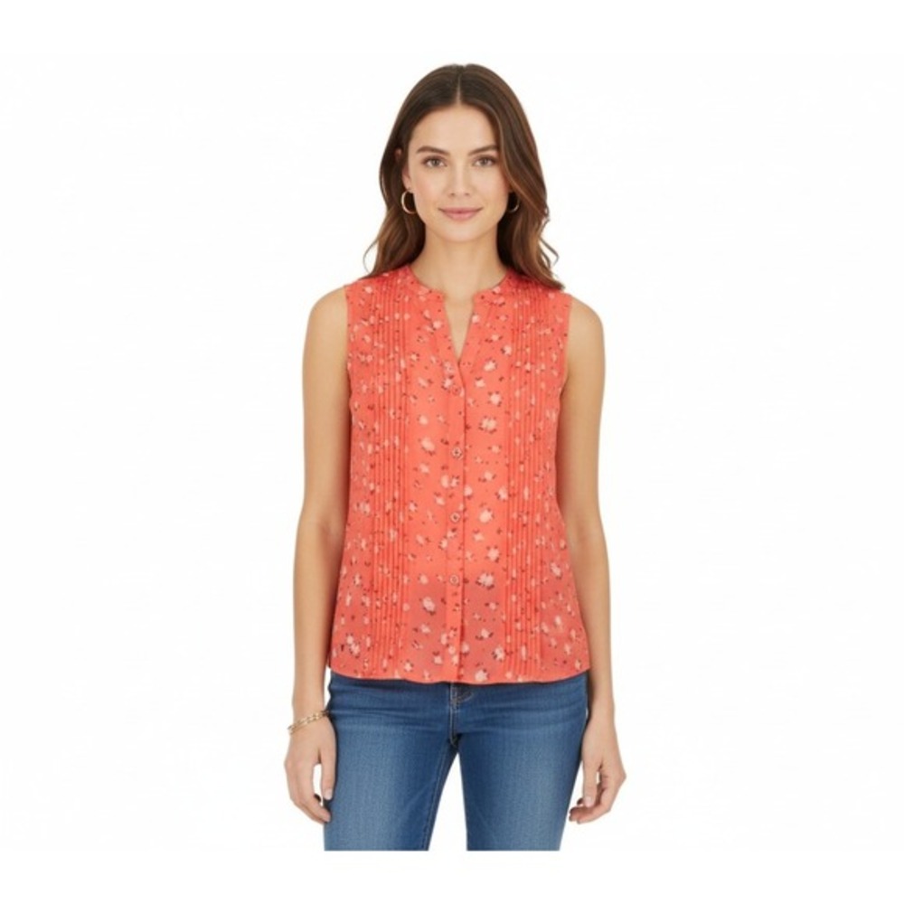 Cabi Top Womens‎ Large Floral Sleeveless Pleated Button Front Blouse Coral